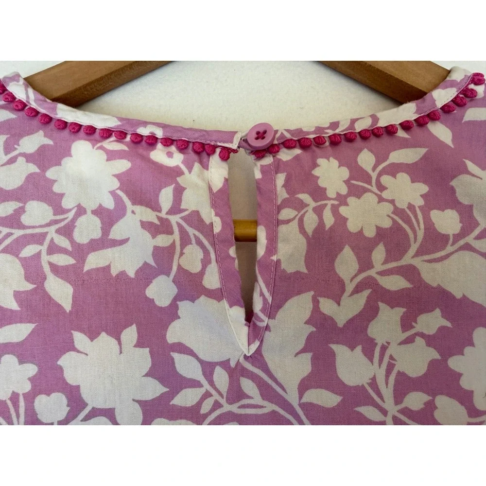 Mini Boden Pink/Green/White Floral Shift Dress‎ Tassel Pompom Trim Sz 11-12Y